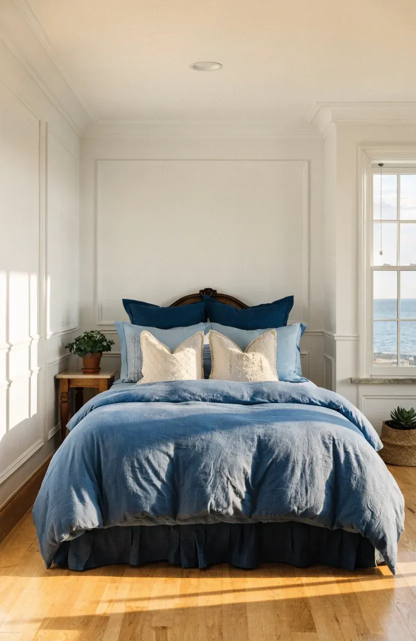 Three layers of pillows in navy, light blue, and cream arranged by size on a bed.