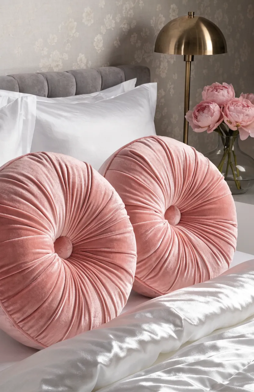 Two round blush pink velvet cushions placed symmetrically in front of white pillows on a bed.