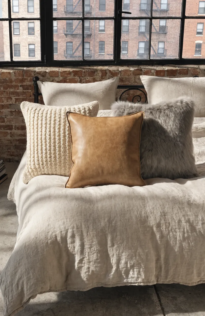A row of three pillows in knit, leather, and faux fur textures centered on a linen bed.