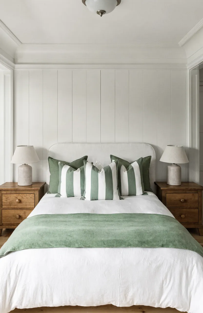 Four square pillows in alternating solid sage green and striped patterns leaning against a headboard.