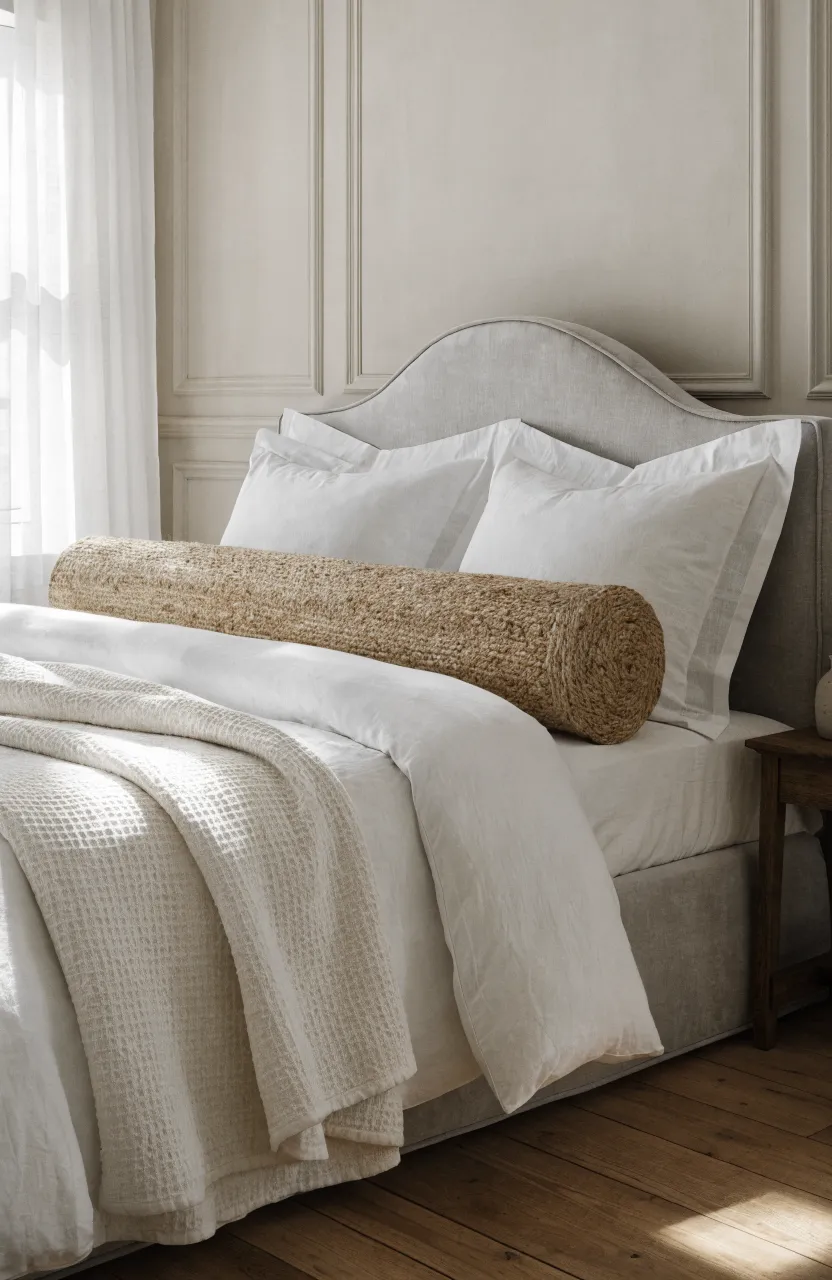 A long woven bolster pillow placed in front of two upright white shams on a modern bed.