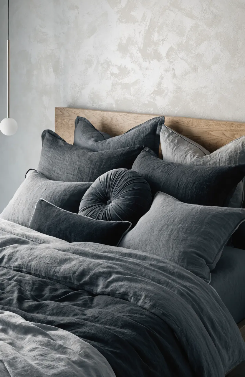 An asymmetrical cluster of gray and tan pillows in different shapes on a modern bed.
