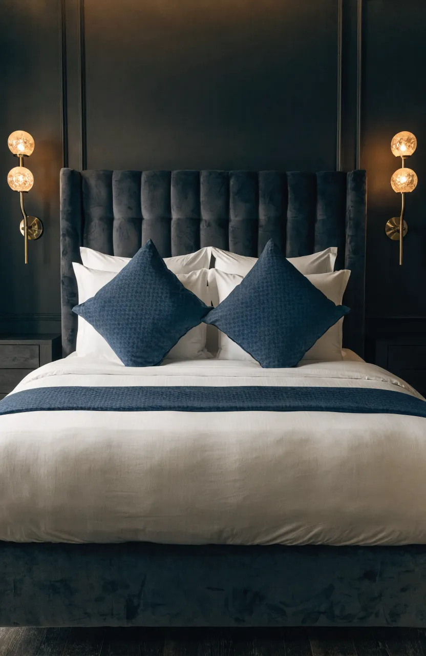 Two navy square pillows tipped at a diamond angle in front of white pillows on a bed.