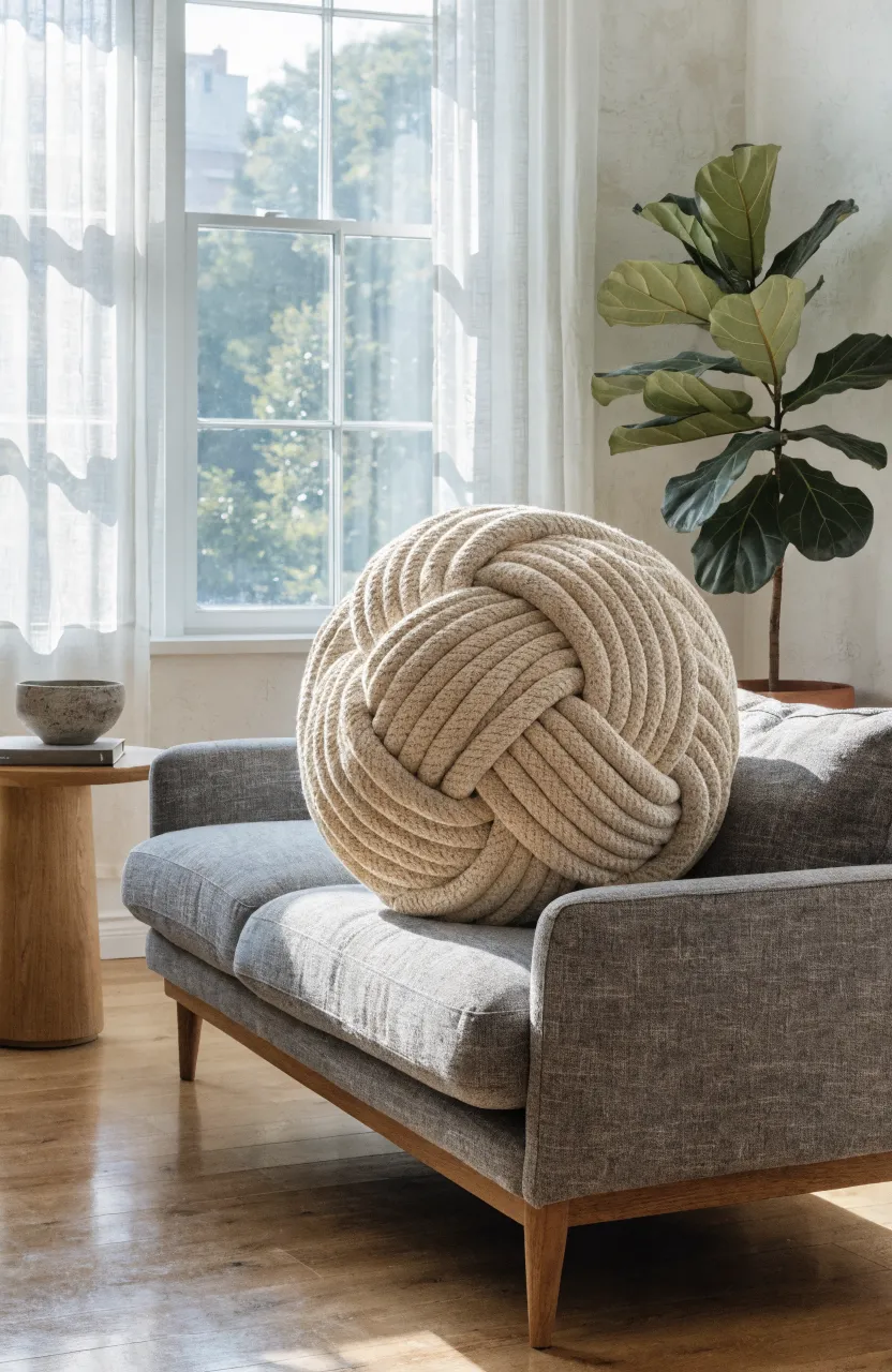 A cream-colored hand-knotted rope pillow sits on a modern gray sofa in a sunlit room.