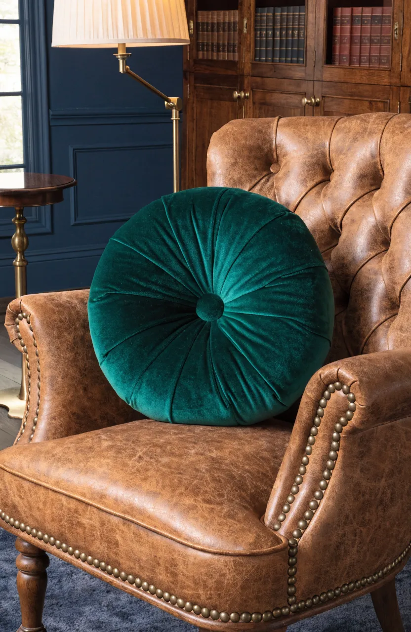 An emerald green round velvet pillow with a center button on a cognac leather chair.
