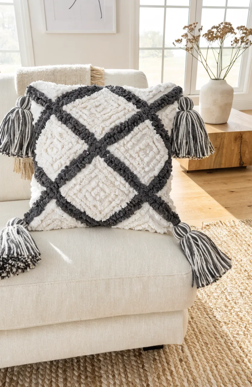 A white and charcoal tufted cotton pillow with large corner tassels on a cream sofa.