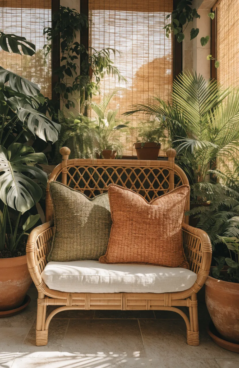 Olive and terracotta bamboo fiber pillows on a rattan daybed surrounded by plants.