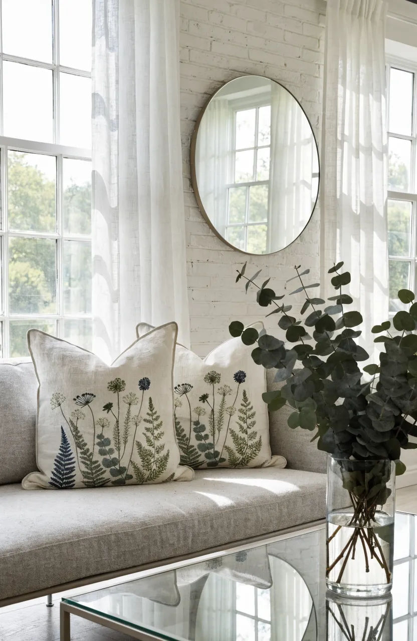 Off-white linen pillows with green botanical embroidery on a light gray sofa.