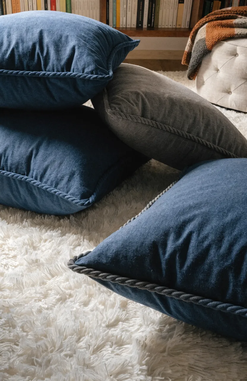 Large navy and gray floor pillows with braided edges stacked on a white shag rug.