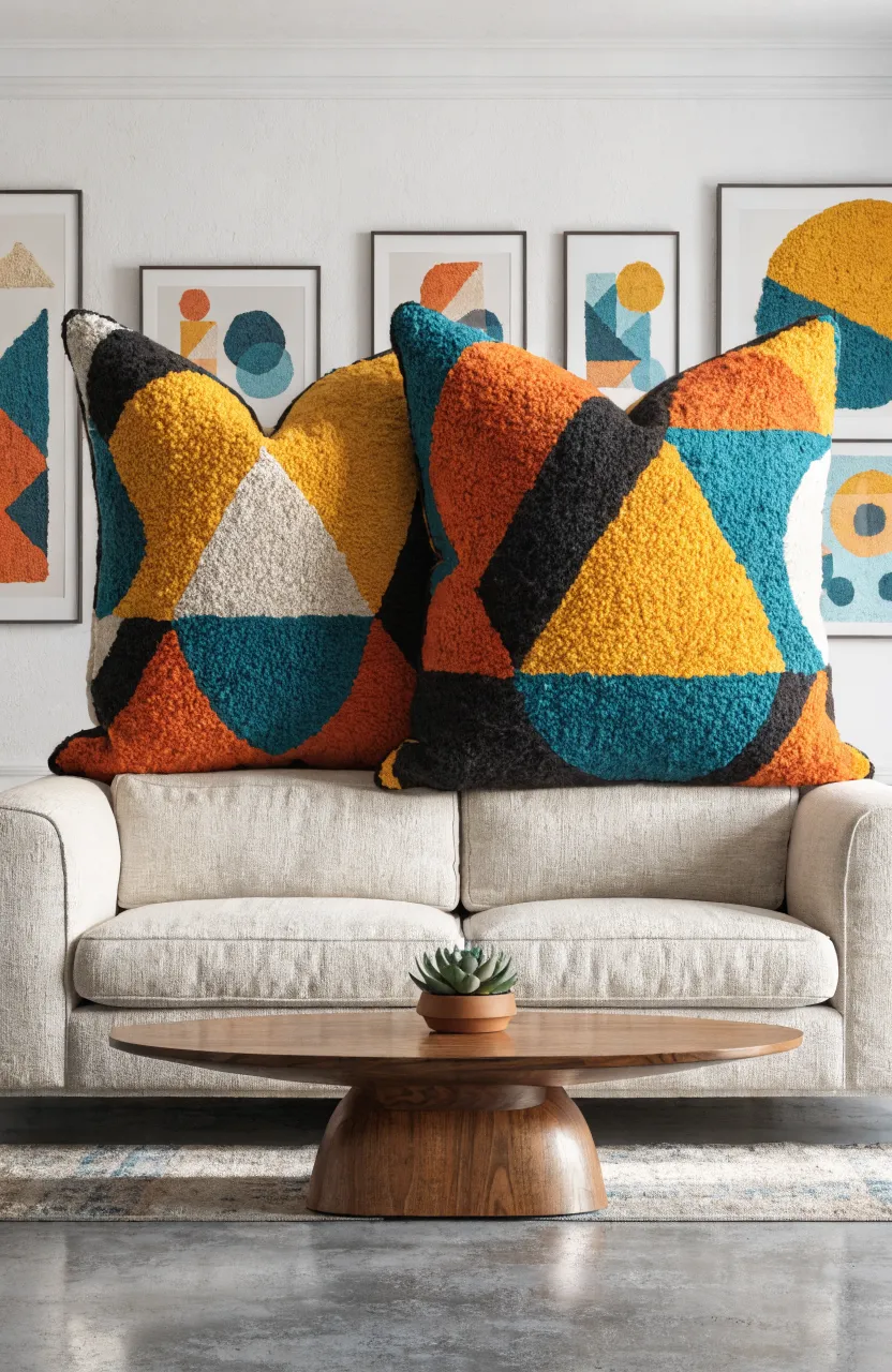 Colorful geometric punch needle pillows with thick yarn texture on a beige sofa.