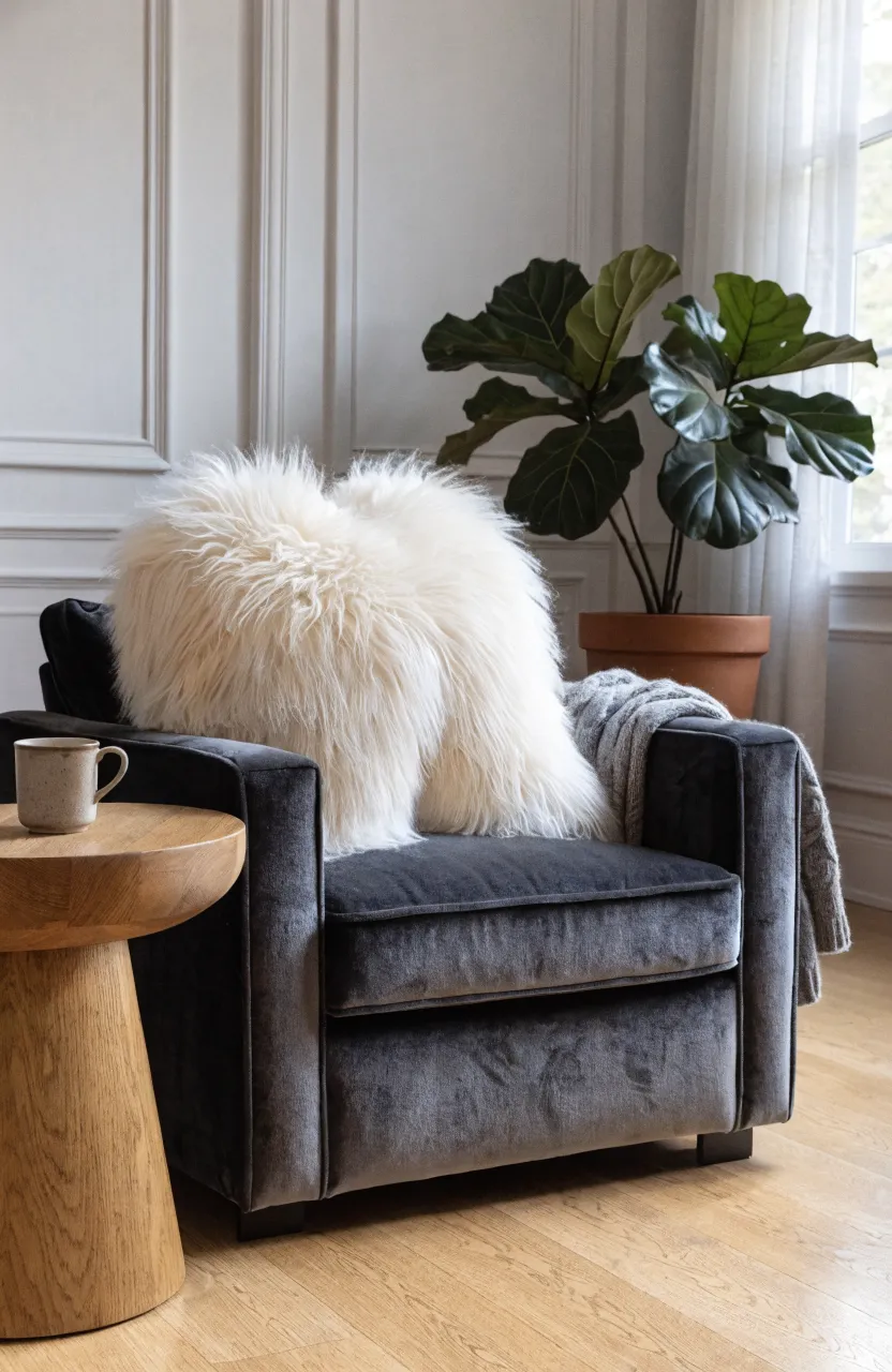 A fluffy ivory faux fur pillow on a charcoal velvet armchair in a bright, cozy living room.