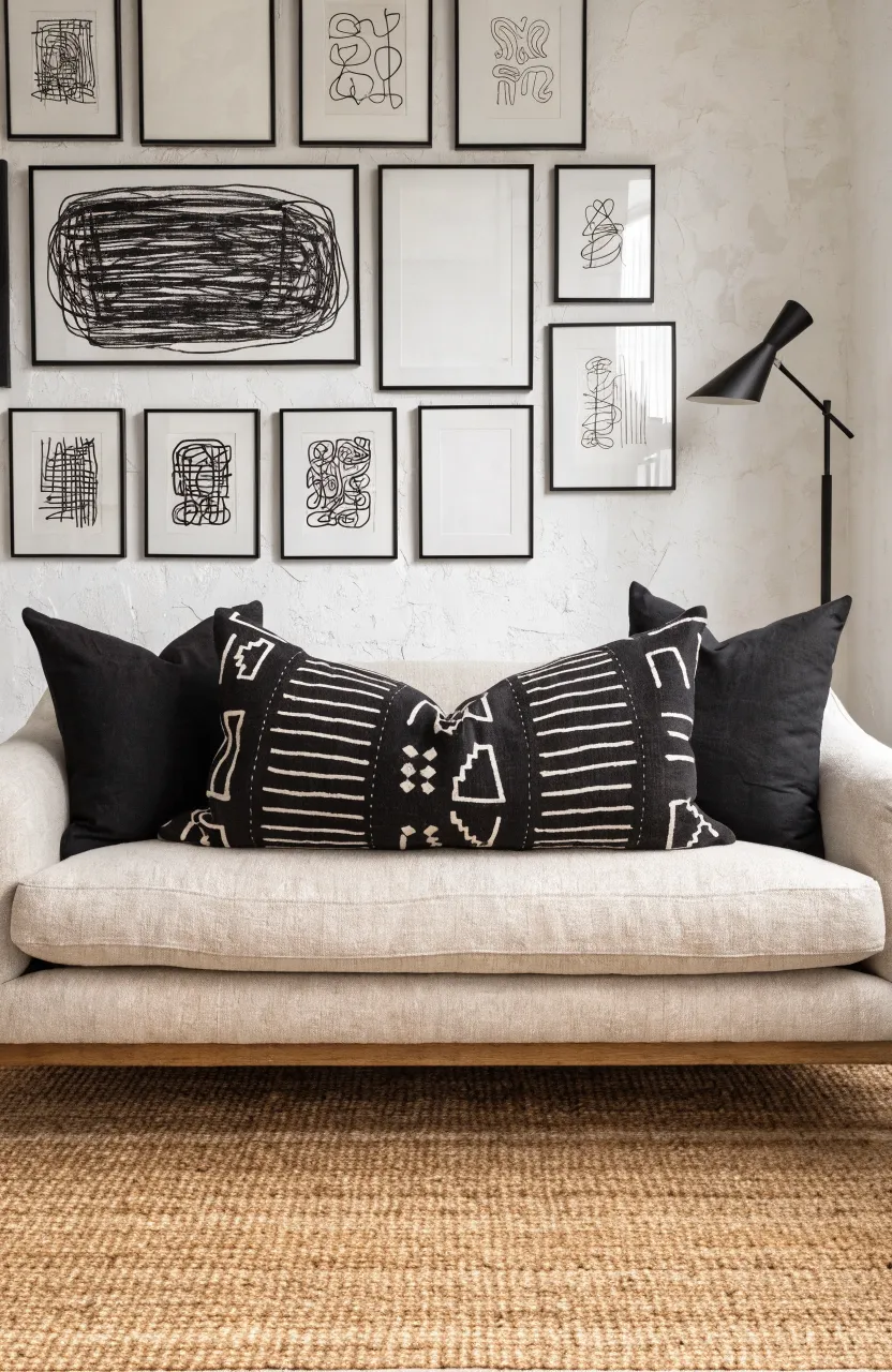 A long black and white mudcloth lumbar pillow centered on a light linen loveseat.
