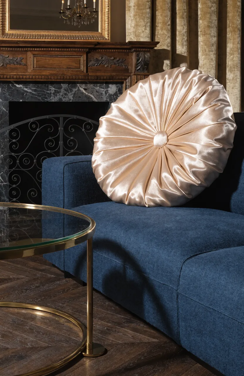 A shiny champagne satin sunburst pillow on a navy wool sofa in a formal room.
