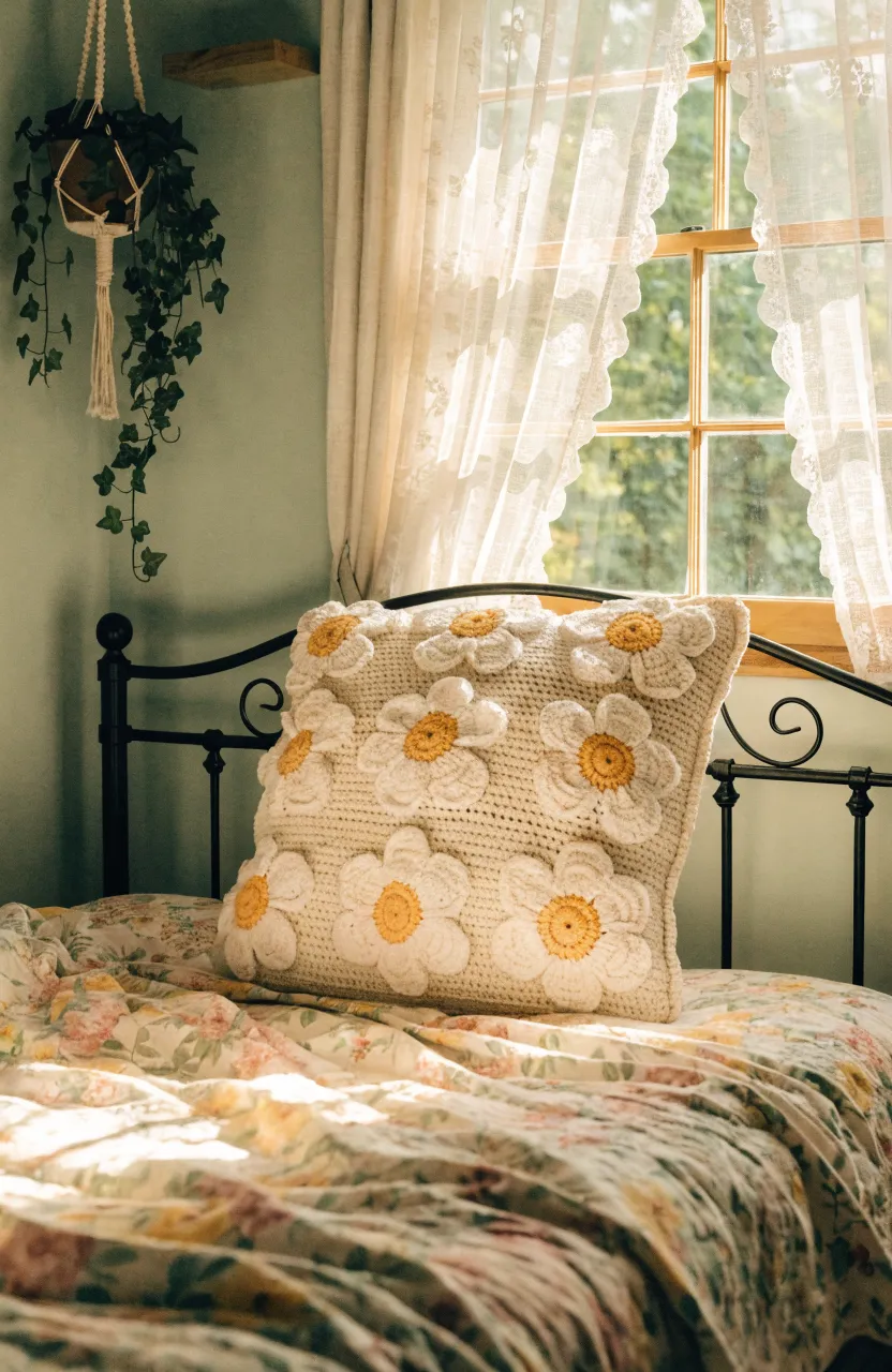 A handmade cream crochet pillow with yellow daisies on a vintage iron bed.
