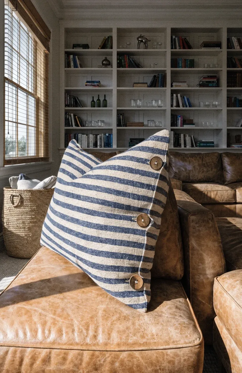 A navy striped canvas pillow with wood buttons on a tan leather sofa.