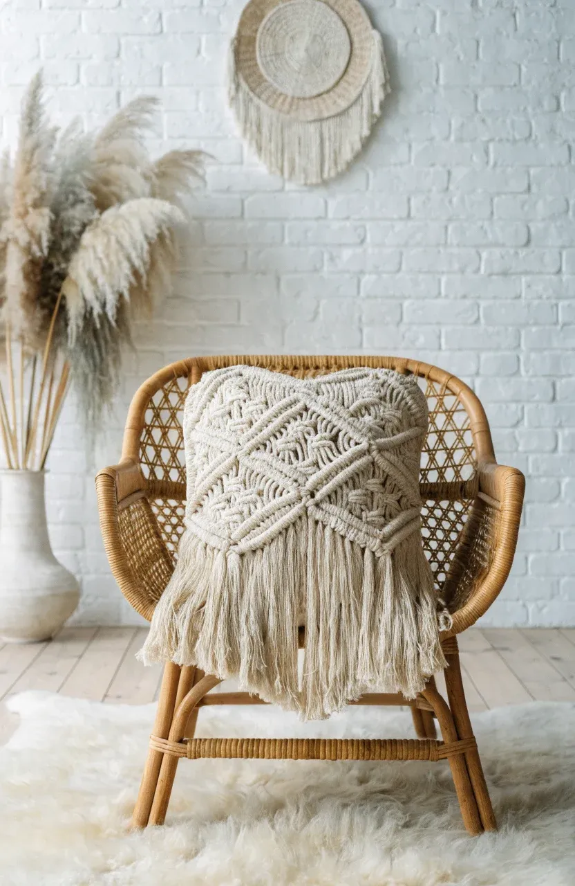 A cream macramé pillow with long fringe on a rattan chair against a white brick wall.