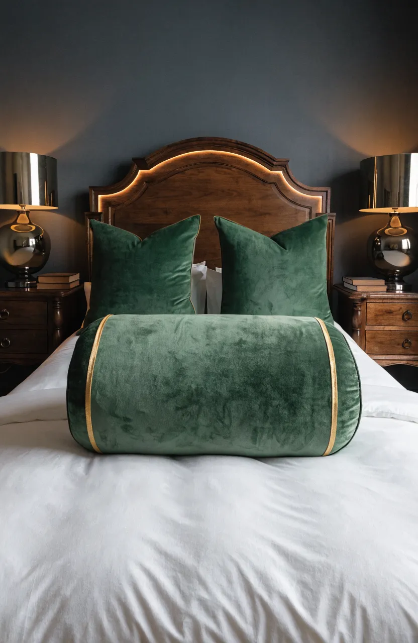 A forest green velvet bolster pillow with gold trim on a bed with white linens.