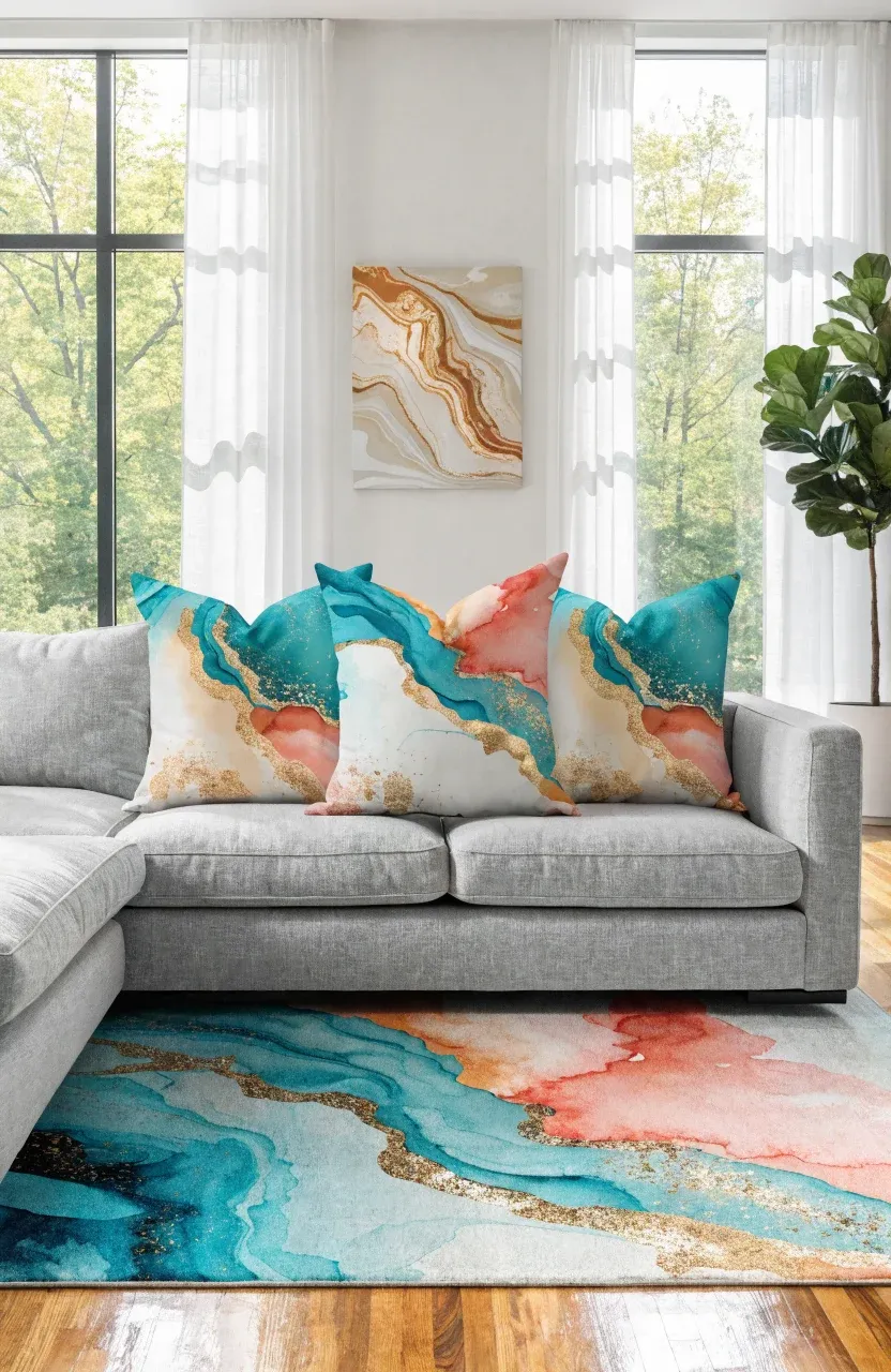 Colorful watercolor print pillows on a gray sofa in a bright, modern living room.