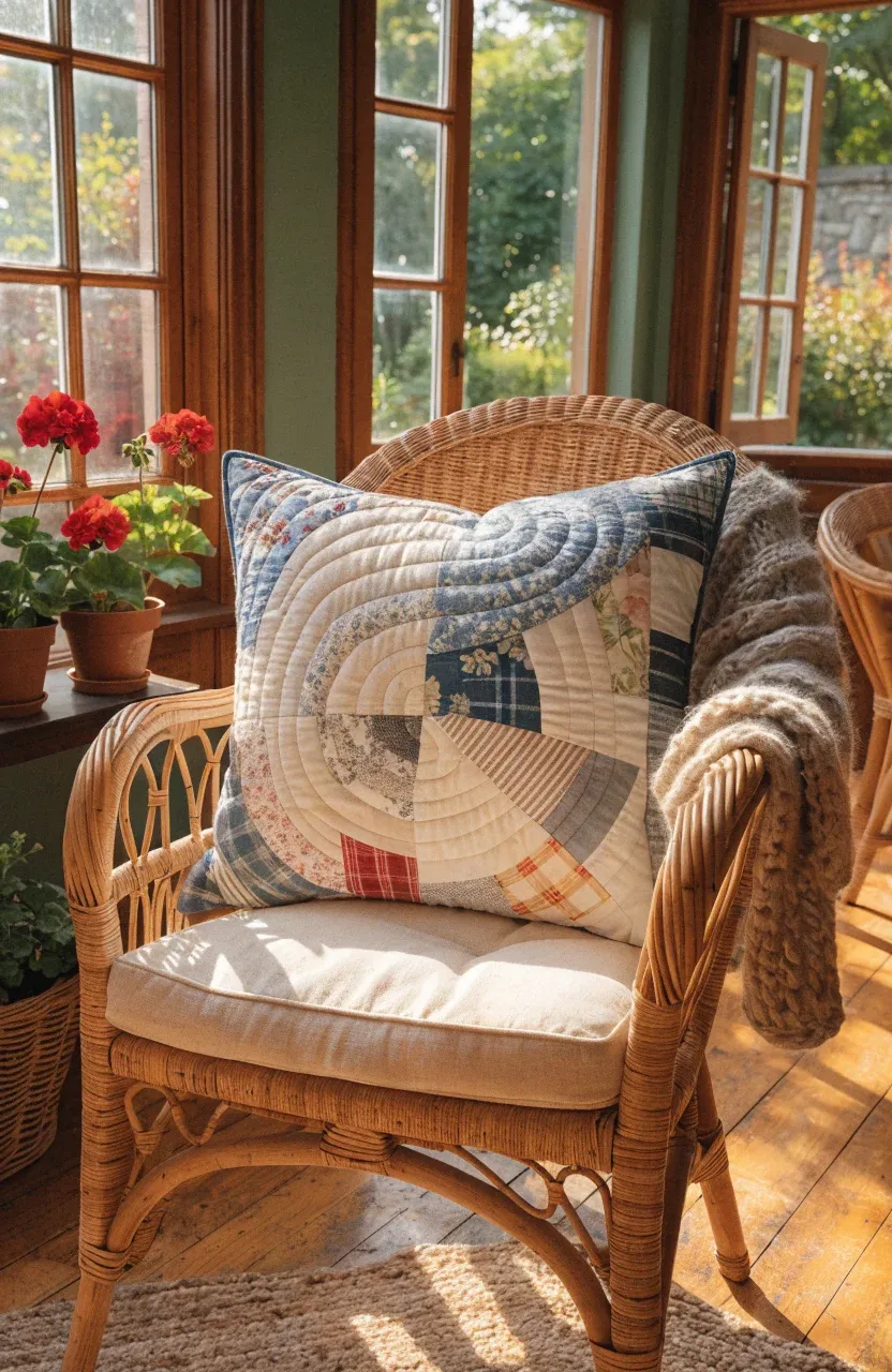 A handmade quilted patchwork pillow on a wicker chair in a sun-drenched room.