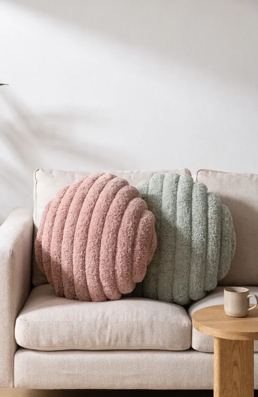 Soft, ribbed chenille pillows in pastel rose and sage on a minimalist beige sofa.