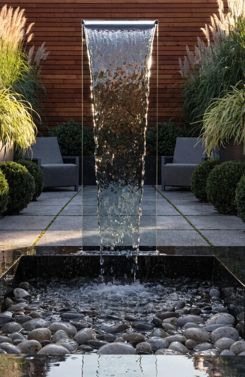 A sleek vertical glass sheet waterfall on a modern patio with stone basin and cedar fencing.