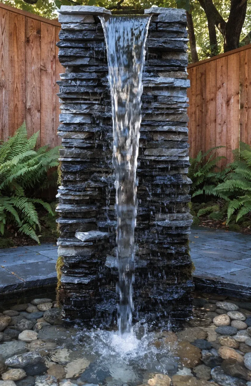 A tall, vertical stacked slate pillar waterfall in a peaceful small garden courtyard.