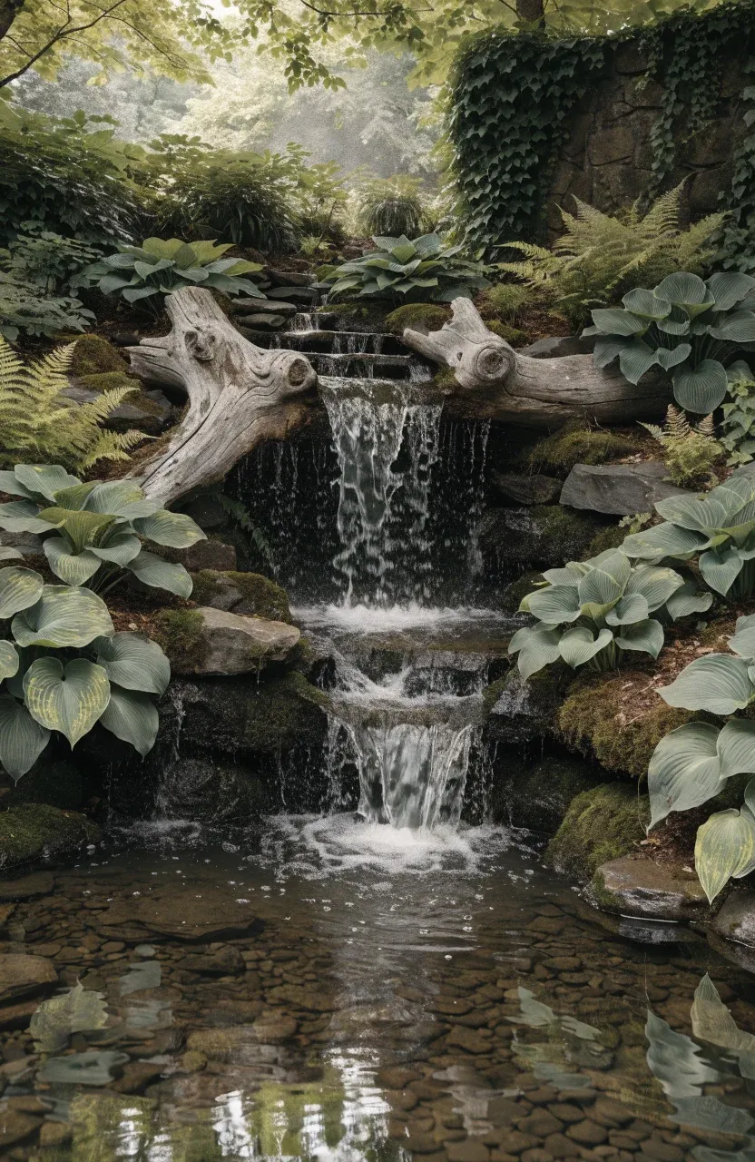 A small garden waterfall made of driftwood and stones surrounded by ferns and hostas.