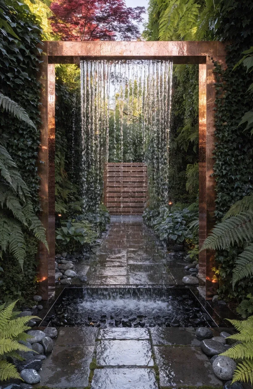 A modern copper rain curtain waterfall in a narrow garden path with lush greenery and stone pavers.