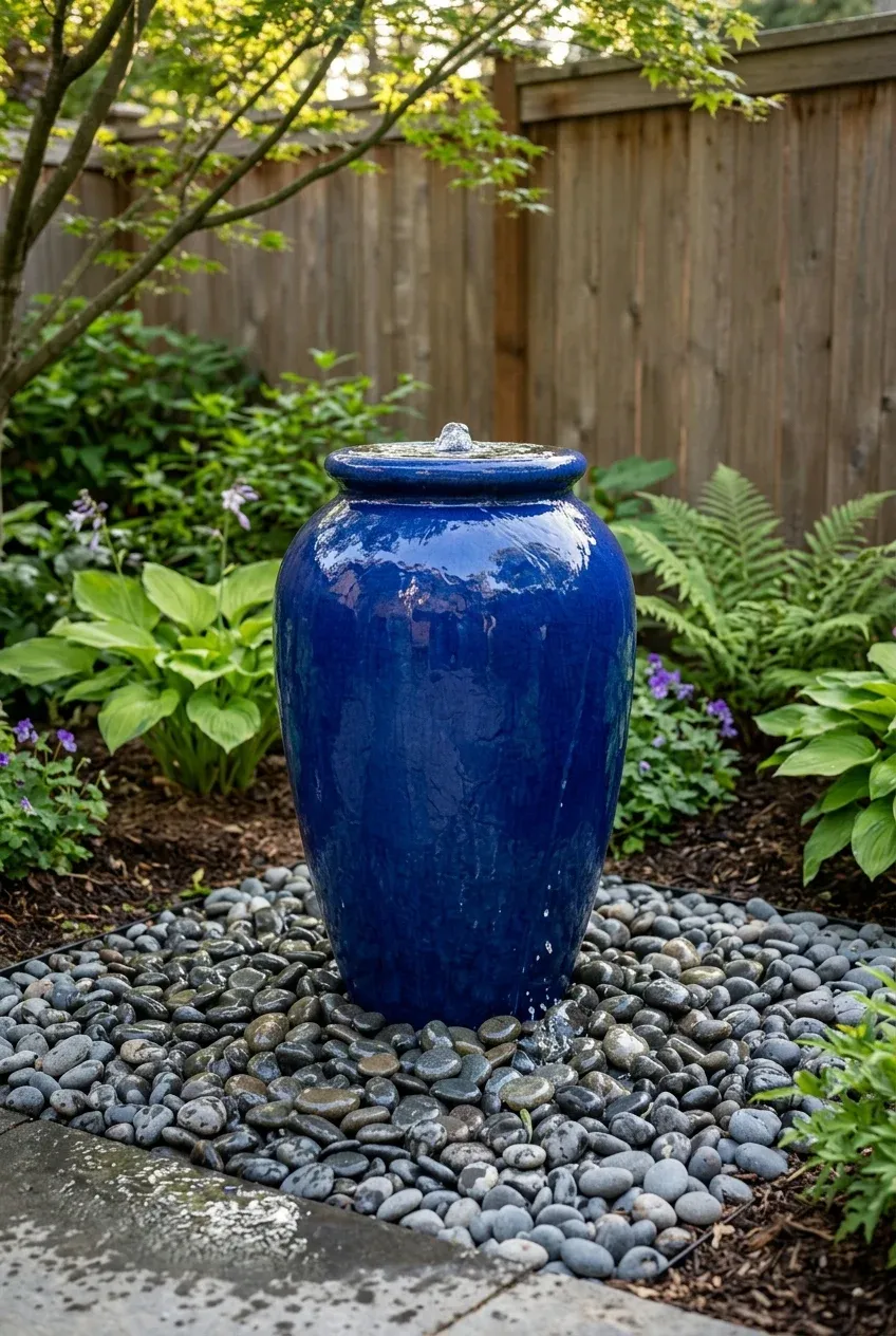 A blue glazed ceramic urn waterfall spilling water onto polished grey pebbles in a lush garden.