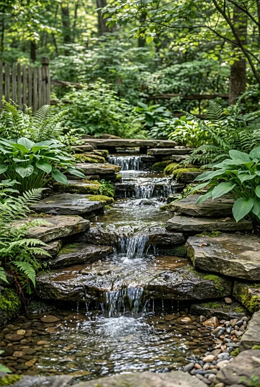 A small stepped flagstone waterfall surrounded by lush green hostas and ferns in a garden.