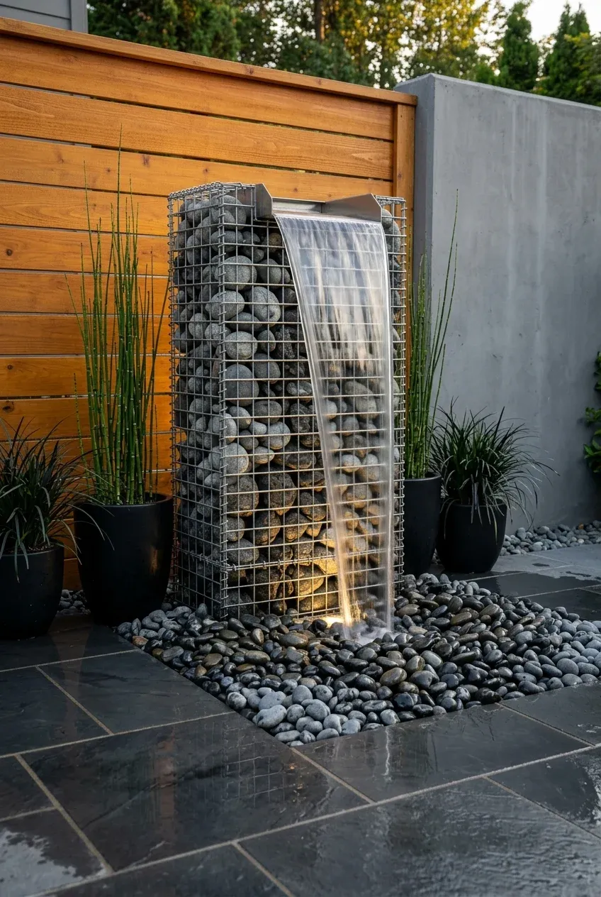 A modern vertical gabion basket waterfall with a steel spillway in a peaceful garden.