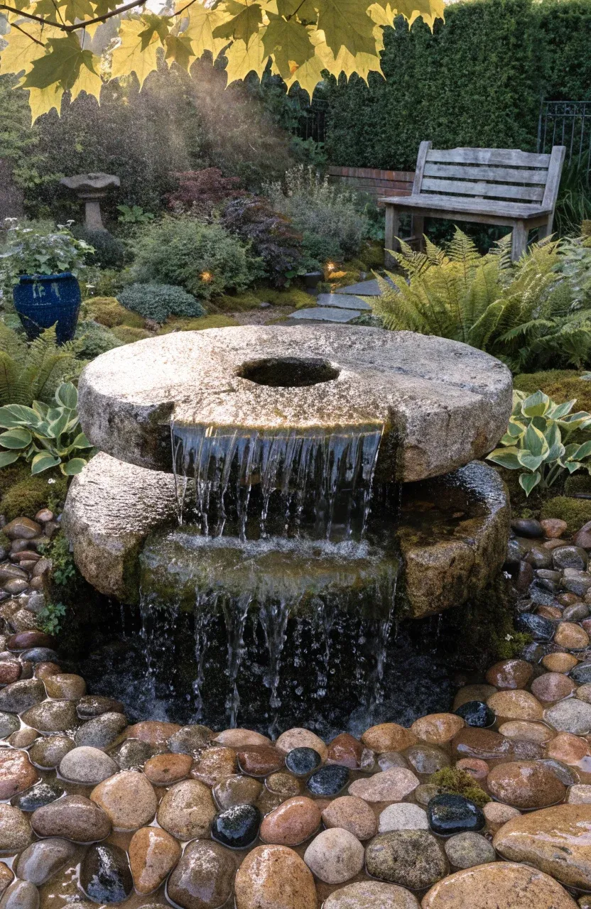 A rustic stacked millstone waterfall with water cascading over weathered stone into river rocks.
