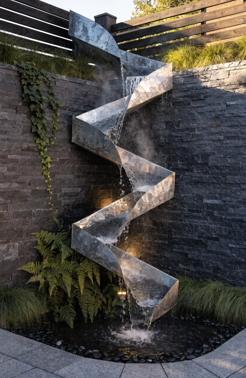 A vertical zigzag trough waterfall made of zinc mounted on a dark slate garden wall.