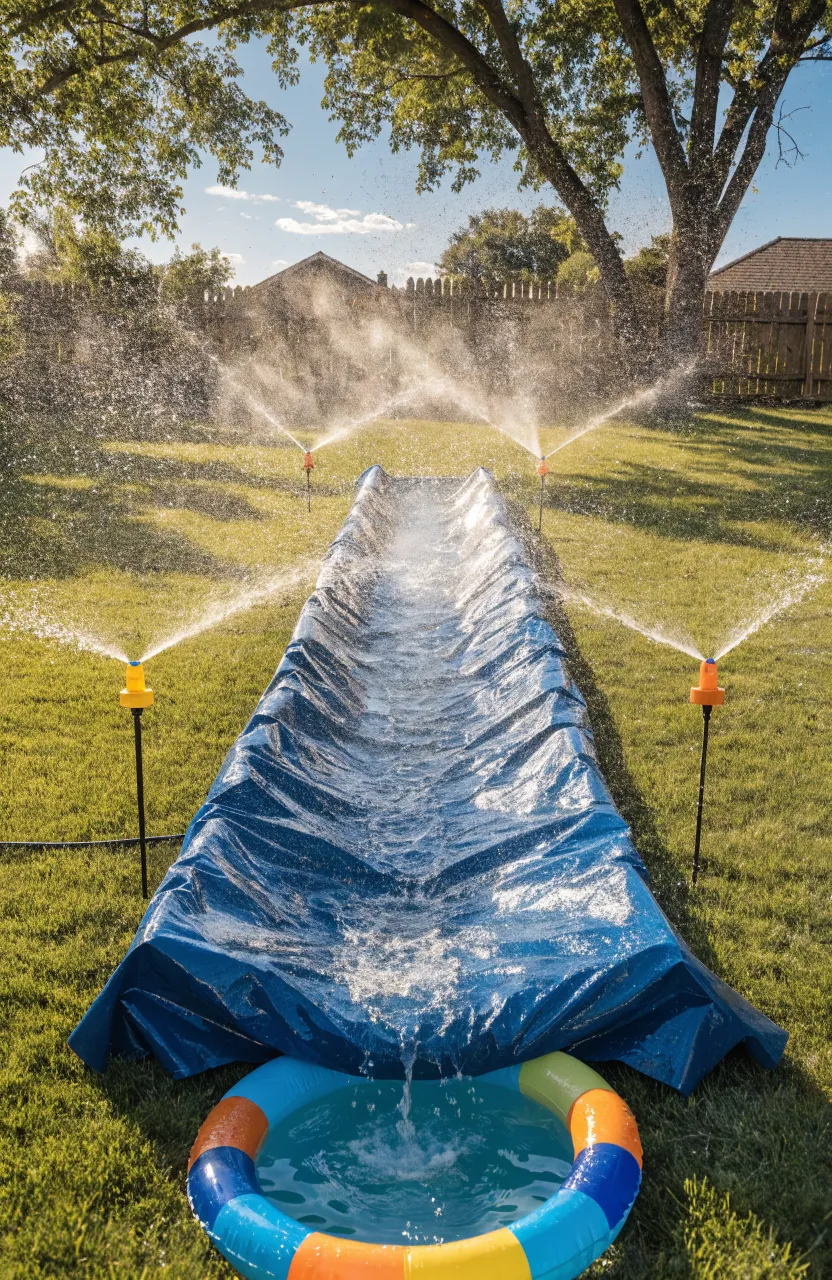 A vibrant backyard splash zone with a long blue slip-and-slide and colorful sprinklers on a green lawn.