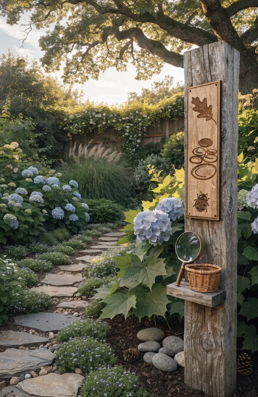 A wooden scavenger hunt signpost in a lush garden with a magnifying glass and basket.