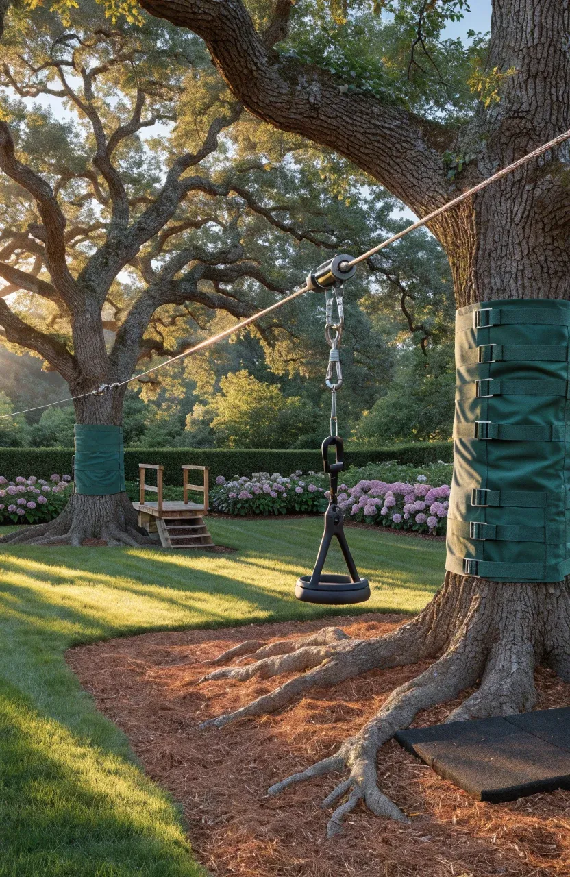 A high-end backyard zipline with a steel cable and disc seat between two large oak trees.