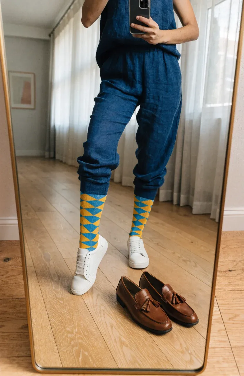 A woman takes a mirror selfie showing off mustard and blue geometric bamboo socks with sneakers.