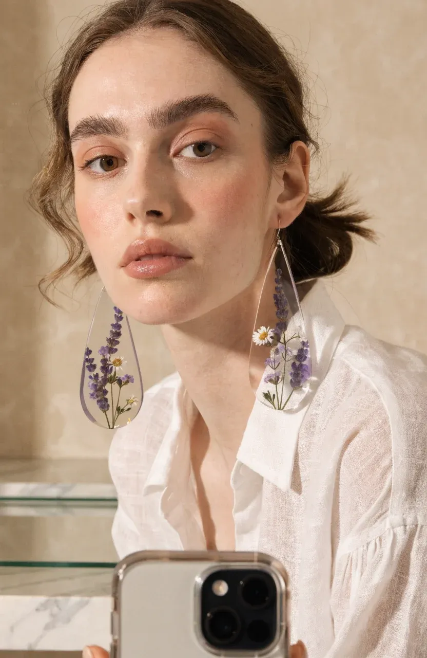 Close-up mirror selfie of a woman wearing resin earrings with preserved lavender and daisies.