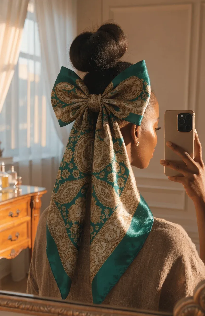 A woman shows her hair styled with a vintage emerald silk scarf tied into a bow in a mirror.