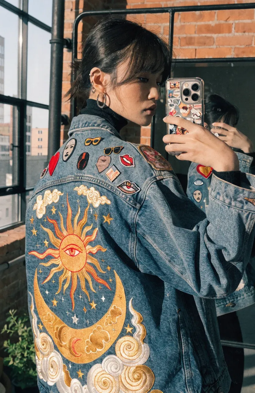 A woman in a mirror selfie wearing a denim jacket with a large sun embroidery on the back.