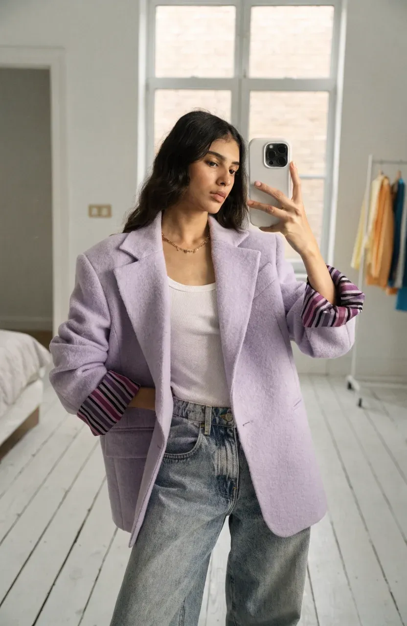 A woman taking a mirror selfie wearing an oversized lavender blazer with rolled sleeves.