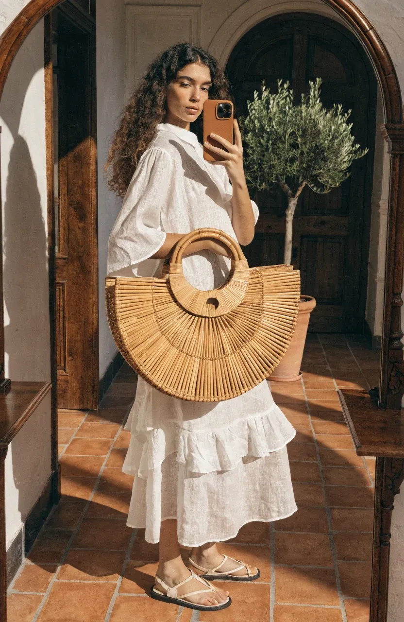 A woman in a white dress holding a structured woven bamboo handbag in a mirror selfie.