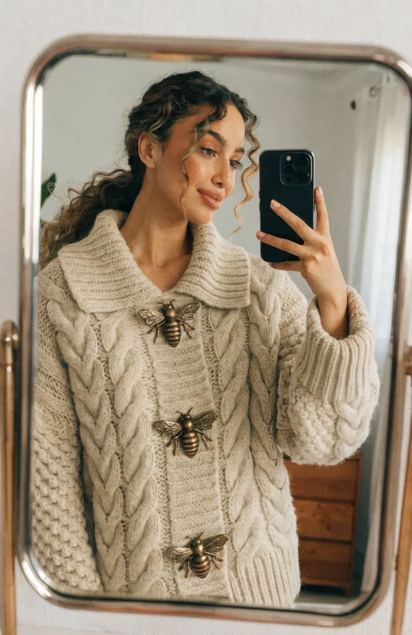 A woman with olive skin takes a mirror selfie wearing an oatmeal cardigan with bee-shaped buttons.