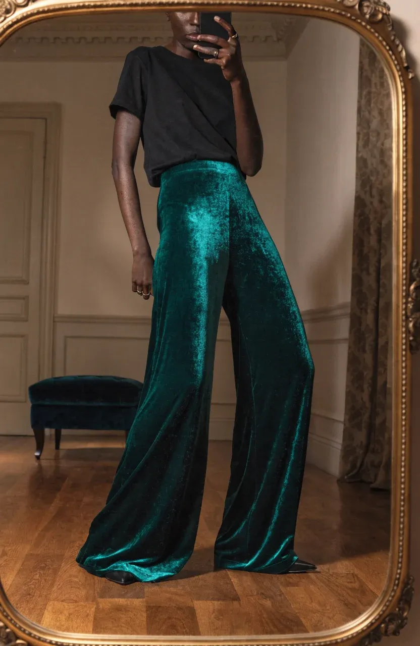 A woman with deep ebony skin wearing emerald green velvet wide-leg trousers in a mirror selfie.