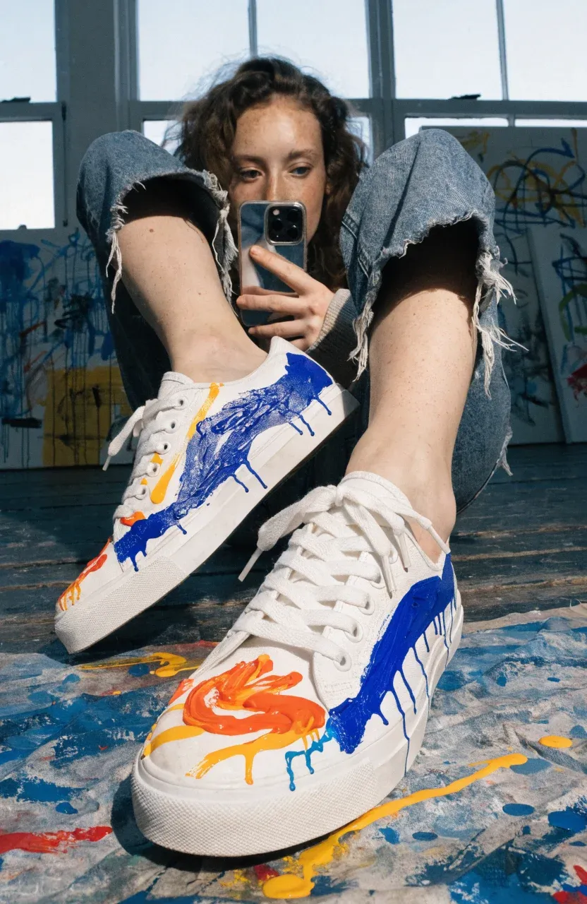 A fair-skinned woman wearing hand-painted abstract sneakers in a creative studio mirror selfie.