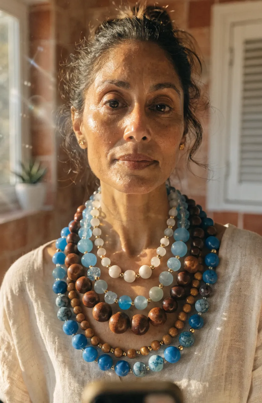 A South Asian woman showcasing layered turquoise and wooden beaded necklaces in a mirror selfie.