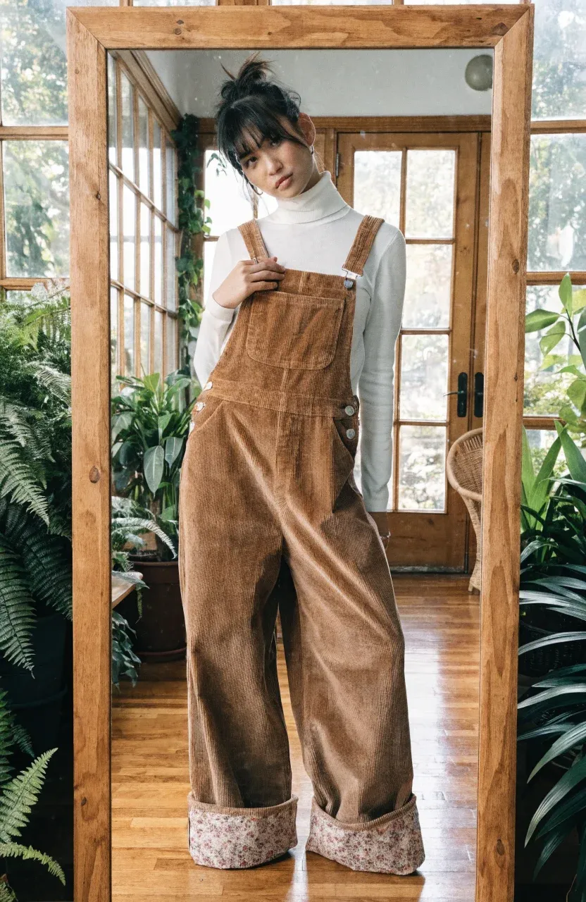 An East Asian woman in tan corduroy overalls with floral linings shown in a mirror selfie.