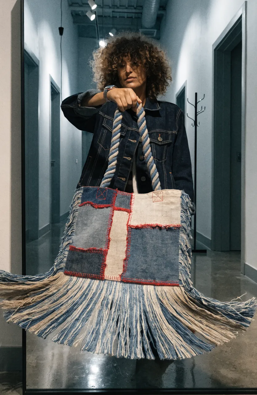A woman with a warm tan skin tone holding an upcycled patchwork tote bag with fringe in a mirror selfie.