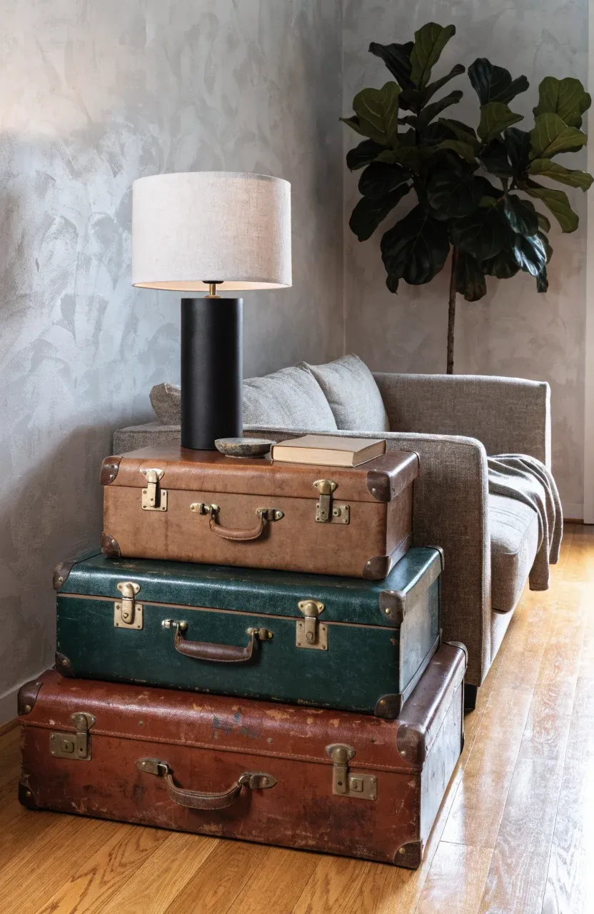 A creative side table made of three stacked vintage suitcases next to a modern sofa.