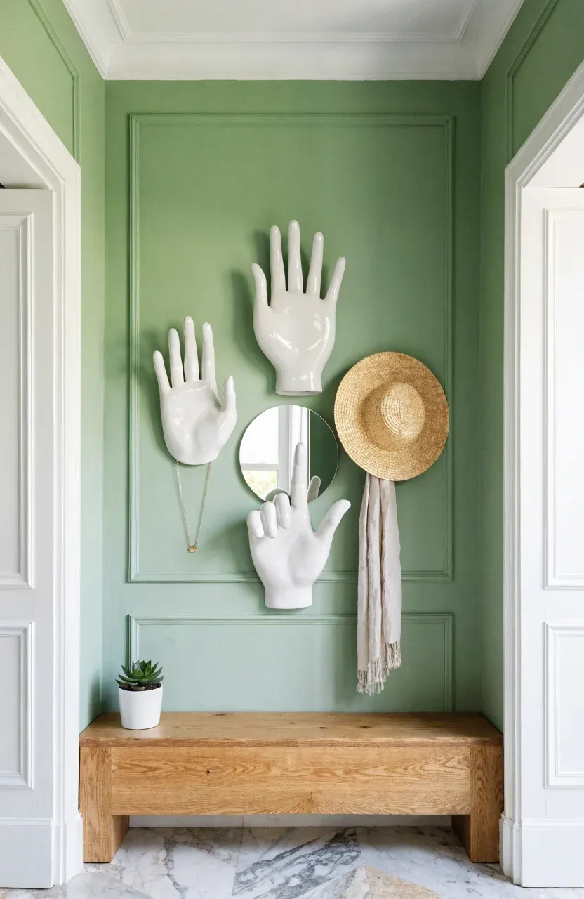White ceramic hand-shaped hooks mounted on a sage green wall holding a hat and scarf.